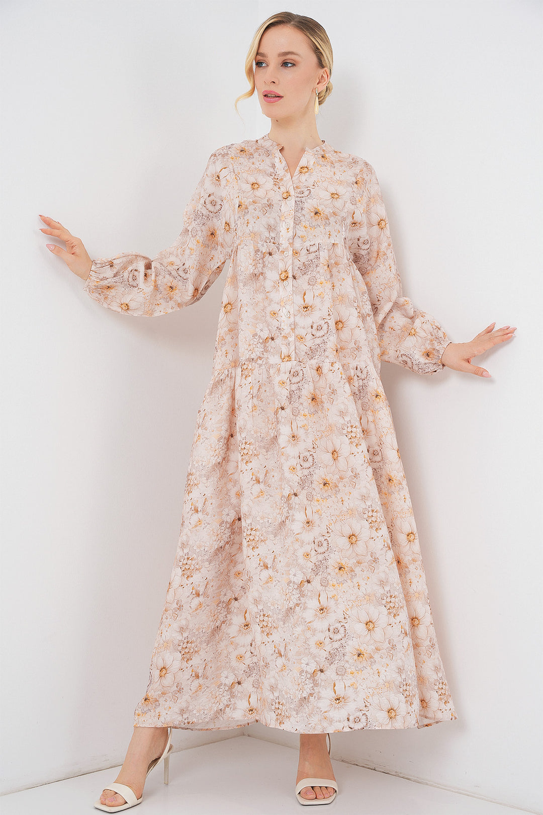 BGD Women Woman Patterned Hijab Dress 2583 - Beige - Mandurah