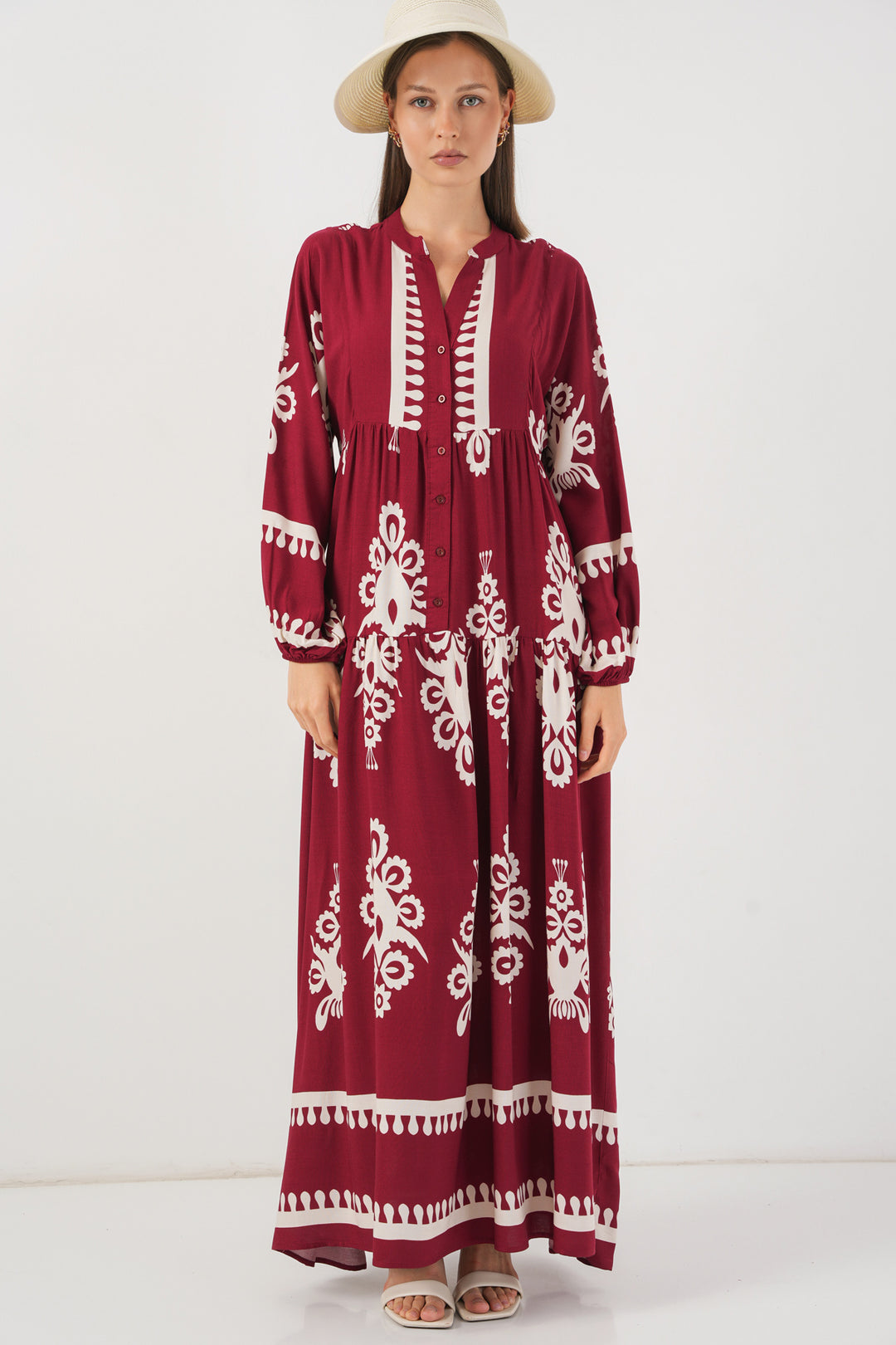 BGD Women Woman Patterned Long Hijab Dress 2585 - A.Burgundy - Provo