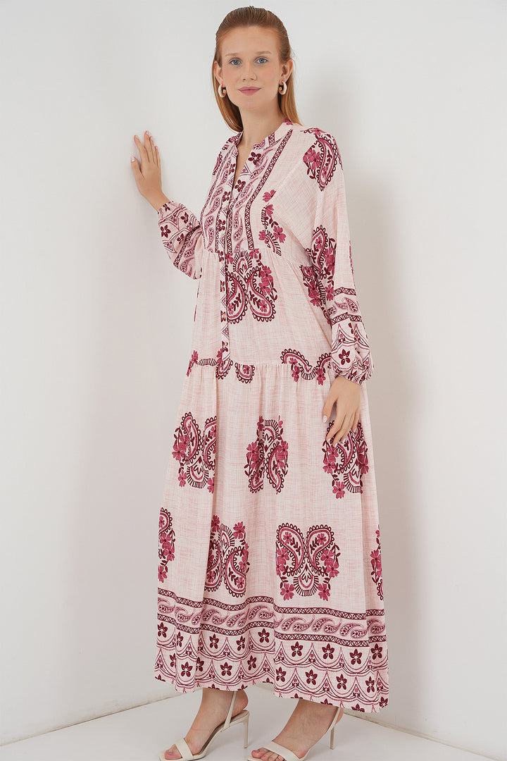 BGD Women Woman Patterned Long Hijab Dress 2585 - Burgundy - Williamsburg