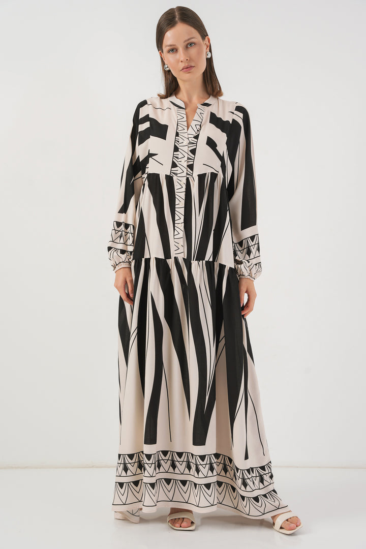 BGD Women Woman Patterned Long Hijab Dress 2585 - F. Black - Dortmund