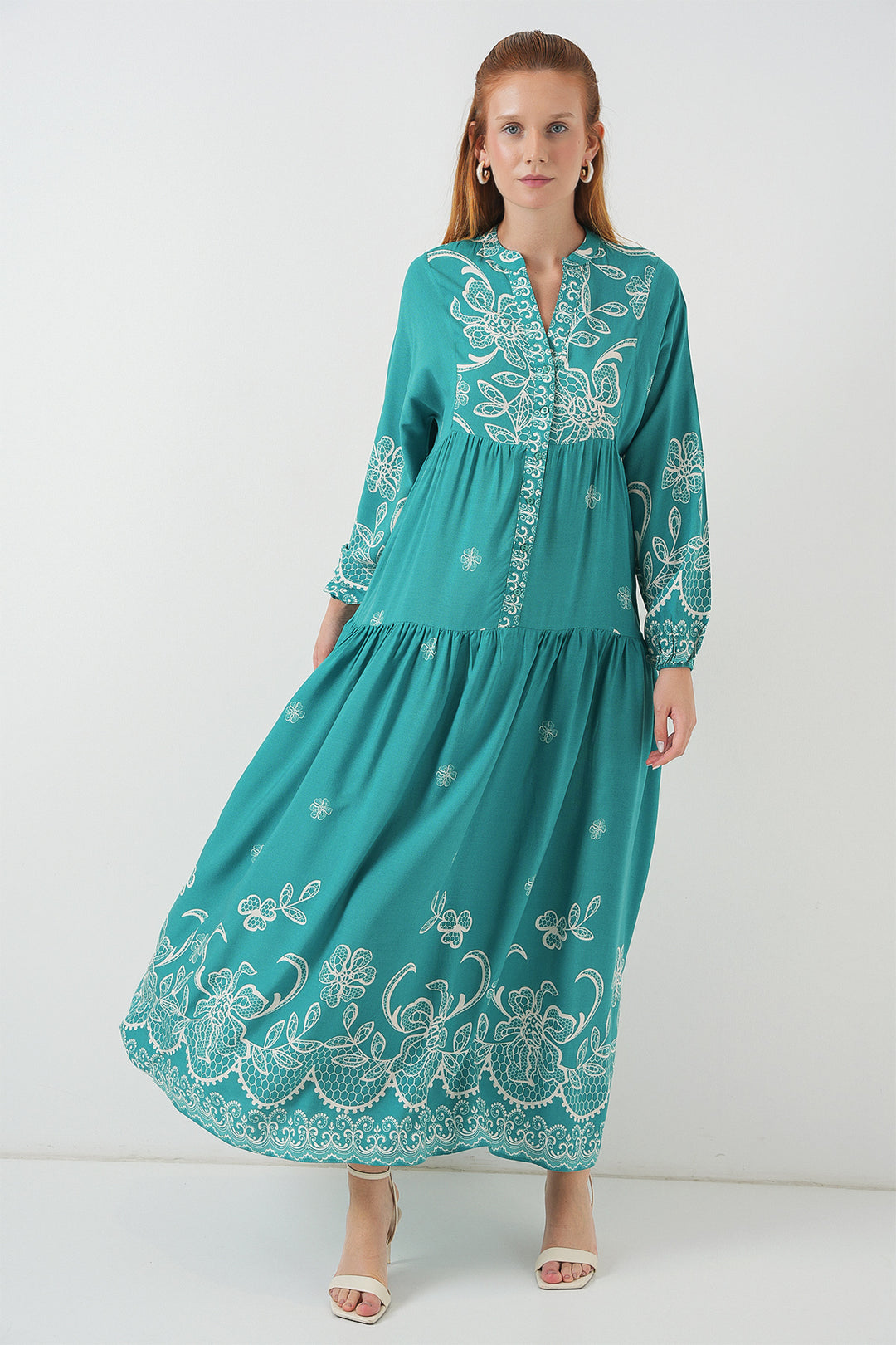 BGD Women Woman Patterned Long Hijab Dress 2585 - Mint - Tamiami