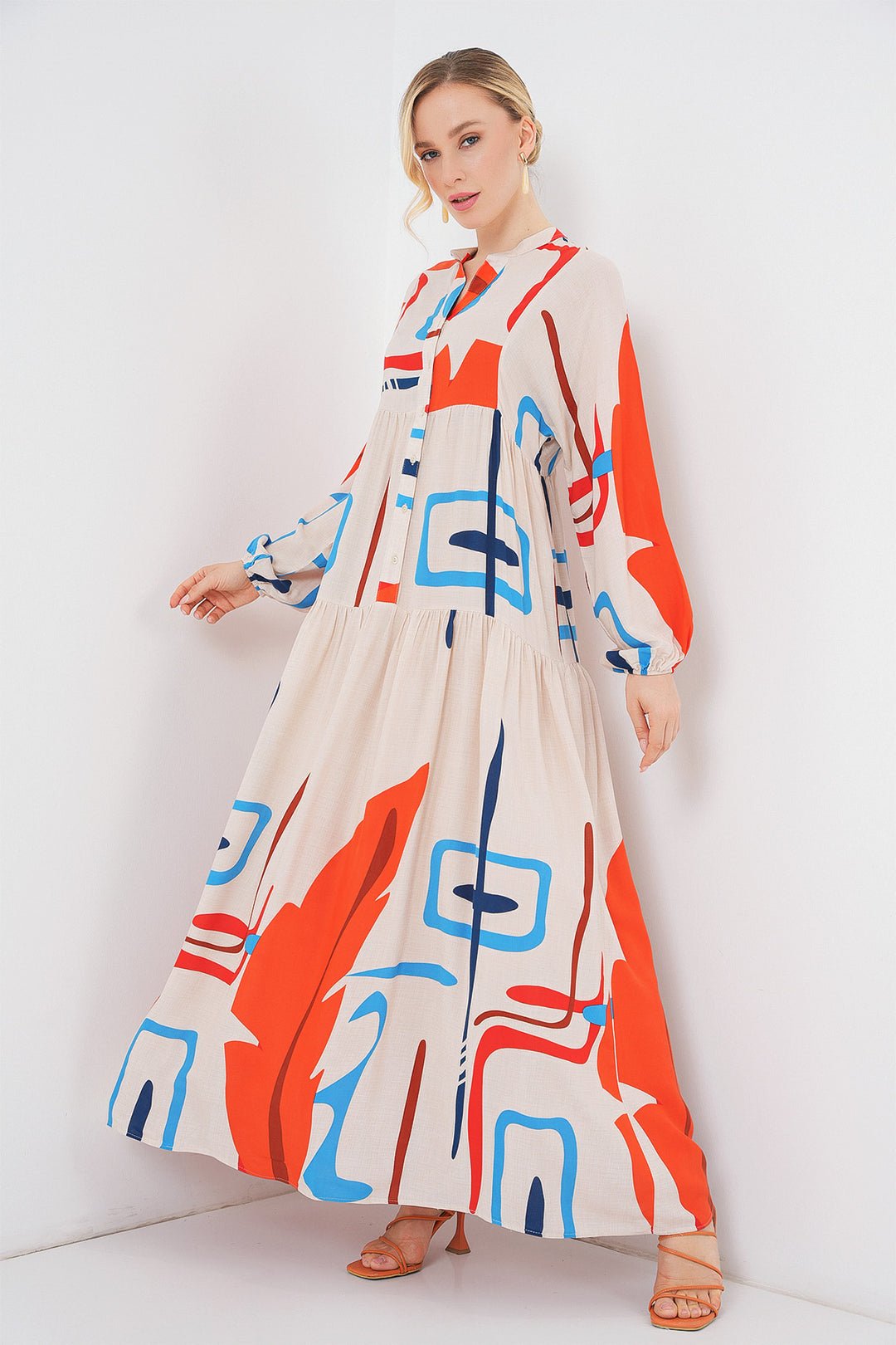 BGD Women Woman Patterned Long Hijab Dress 2585 - Orange - Novohrad-Volynskyi