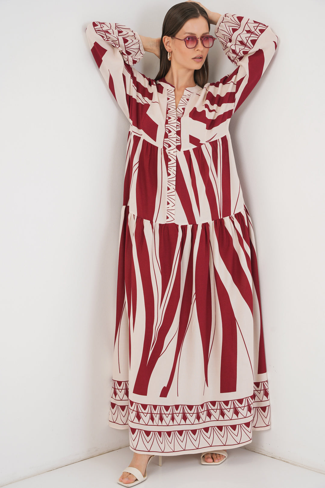 BGD Women Woman Patterned Long Hijab Dress 2585 - Maroon - Bishops Stortford