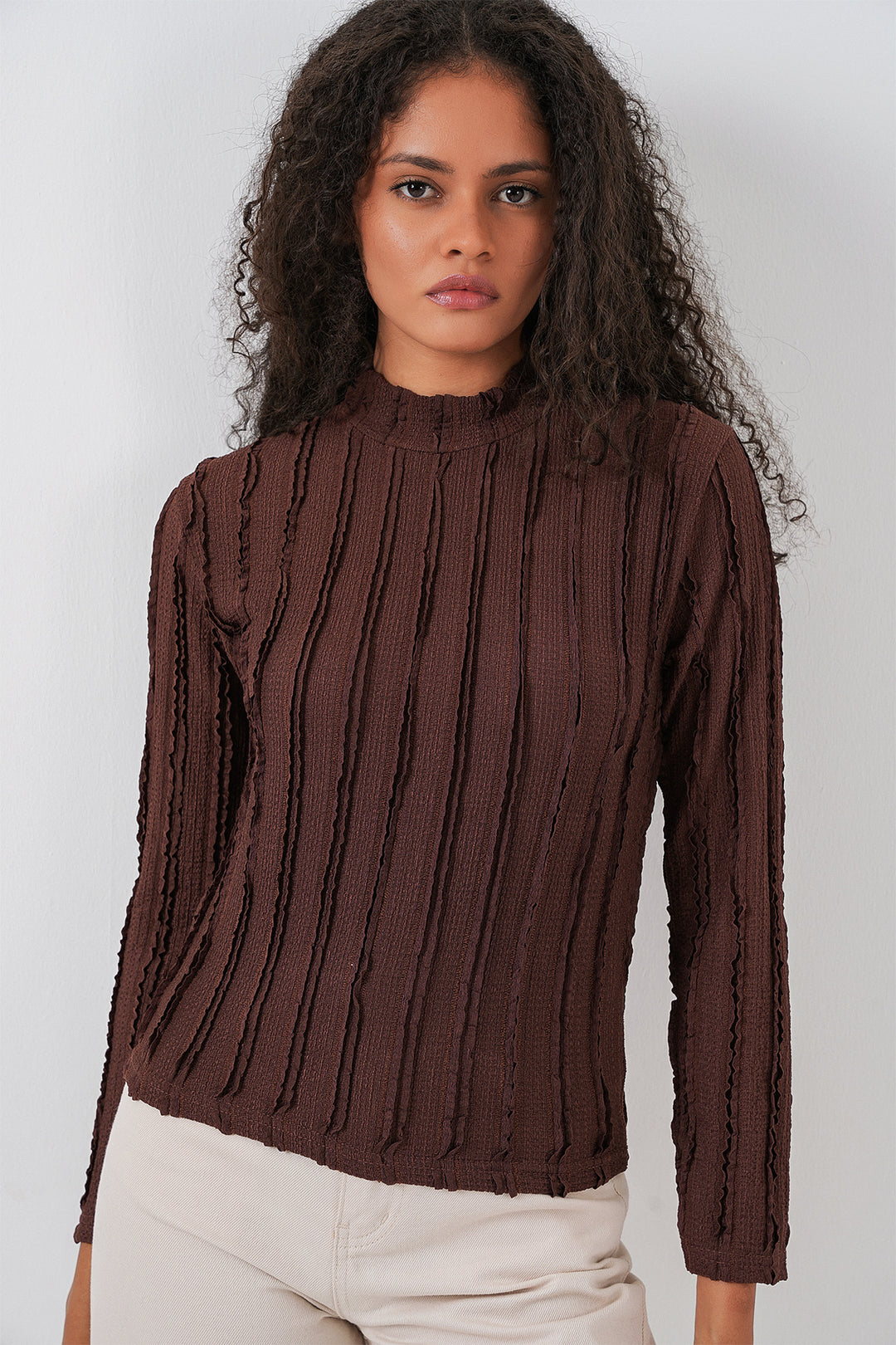 BGD Women Women's Textured Knit Flexible Blouse 975 - Brown - Davis