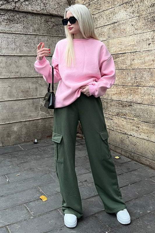 MDX Women's Khaki Green Wide Leg Cargo Pocket Sweatpants MG1615 - Shreveport