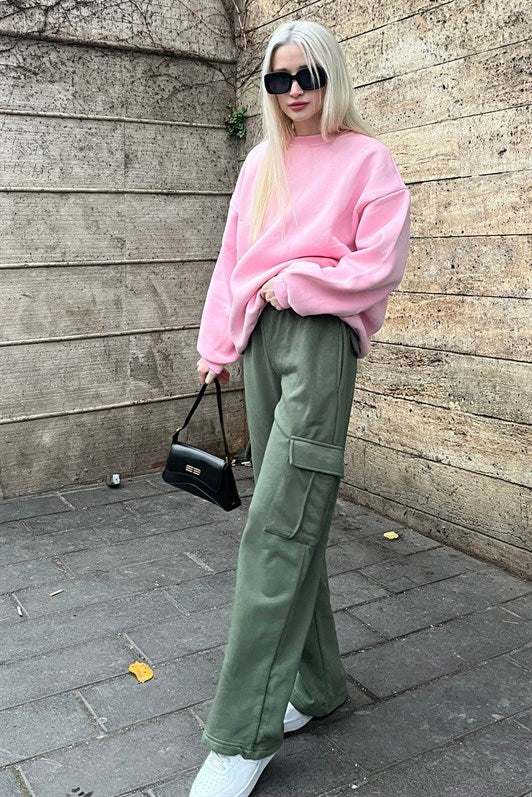 MDX Women's Khaki Green Wide Leg Cargo Pocket Sweatpants MG1615 - Shreveport