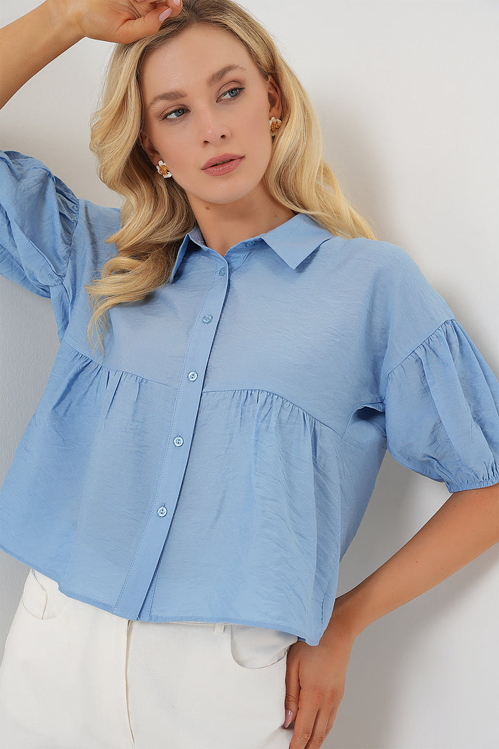 BGD Women Women's Short Sleeve Crop Top 20335 - Blue - Cherry Hill