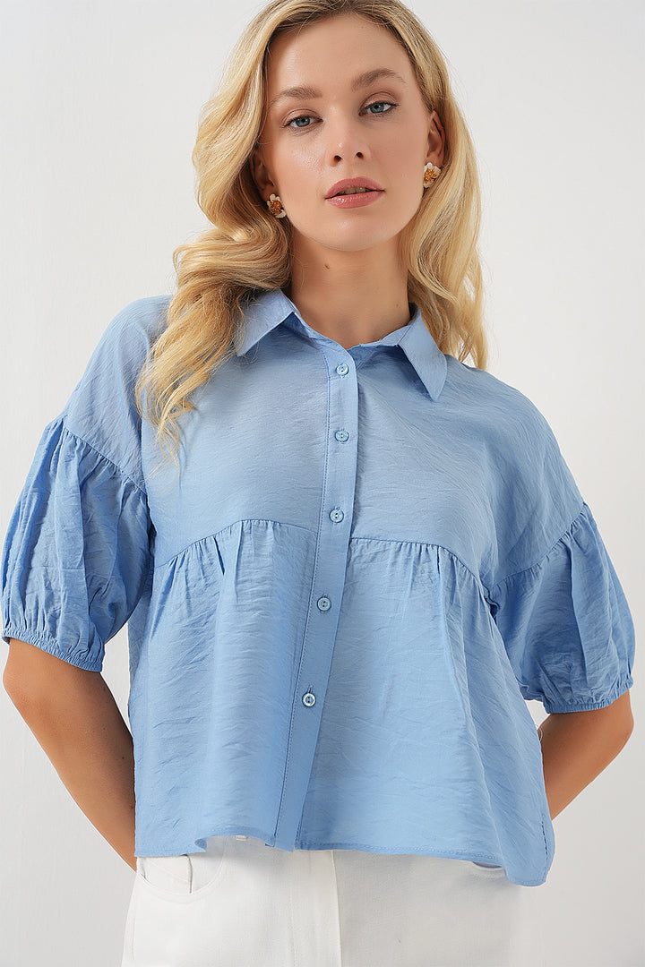 BGD Women Women's Short Sleeve Crop Top 20335 - Blue - Cherry Hill