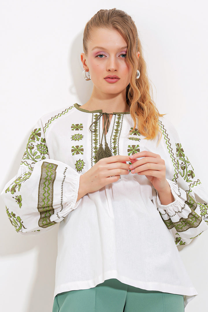 BGD Women Woman Beige Embroidered Linen Blouse 902 - Avondale
