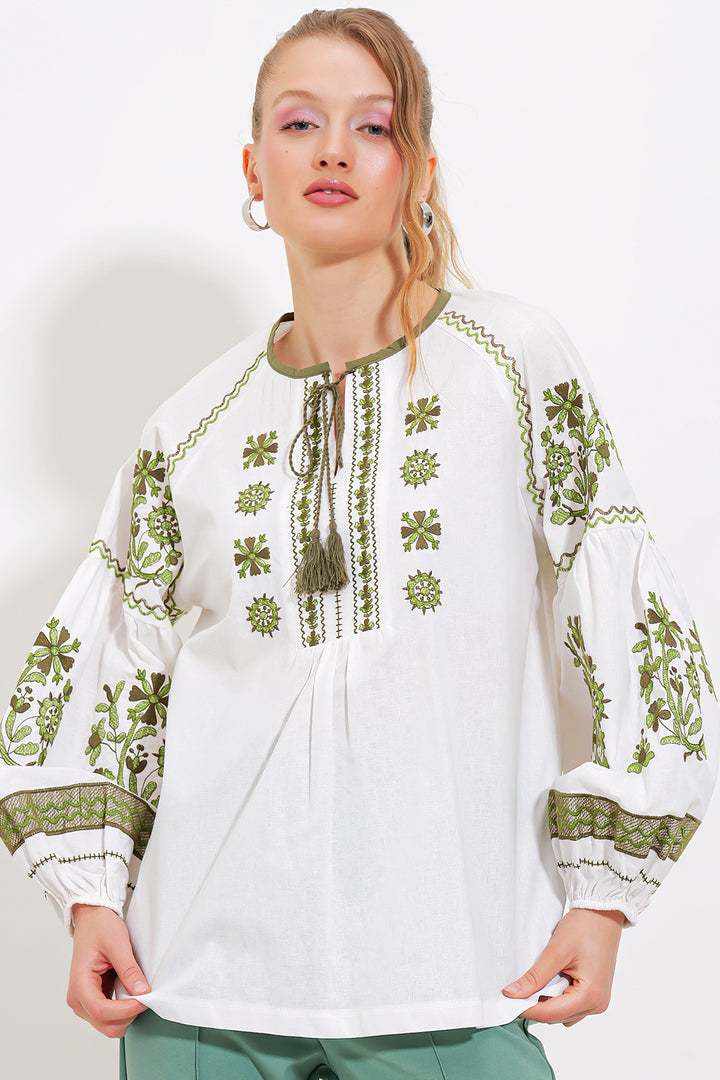 BGD Women Woman Beige Embroidered Linen Blouse 902 - Avondale