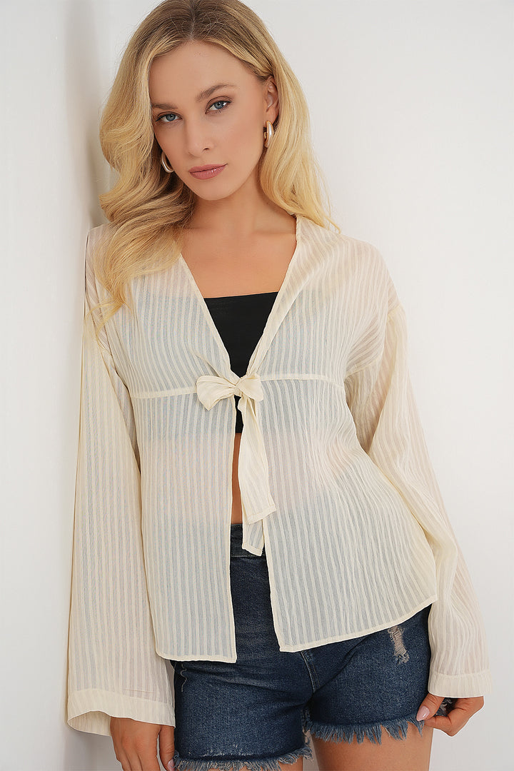 BGD Women Women's Front Lace-Up Blouse 952 - Cream - Lakewood