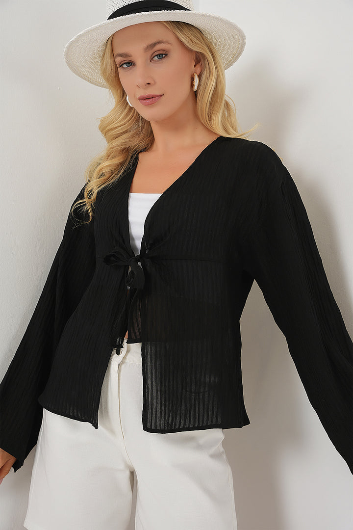 BGD Women Women's Front Lace-Up Blouse 952 - Black - Deltona