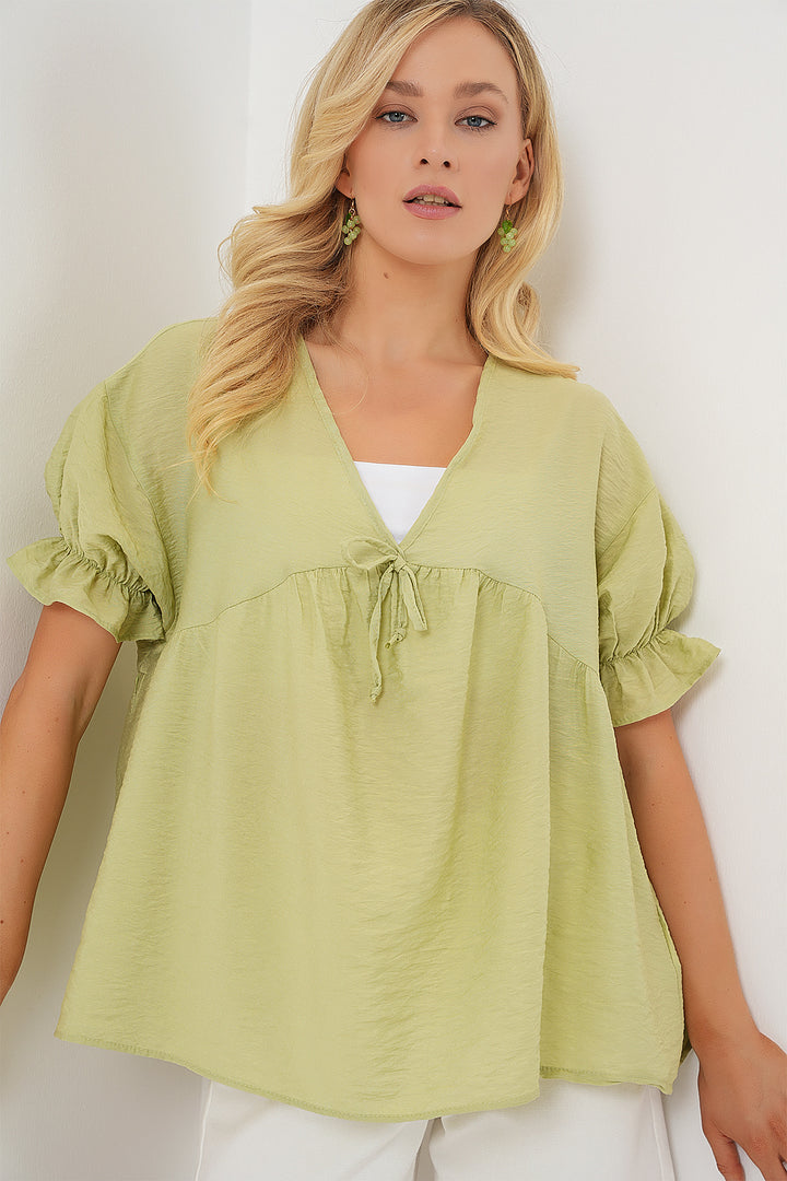 BGD Women Woman Front Laced Short Sleeve Blouse 962 - Dark Green - Schwerin