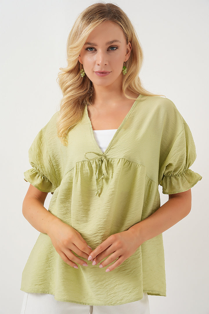 BGD Women Woman Front Laced Short Sleeve Blouse 962 - Dark Green - Schwerin