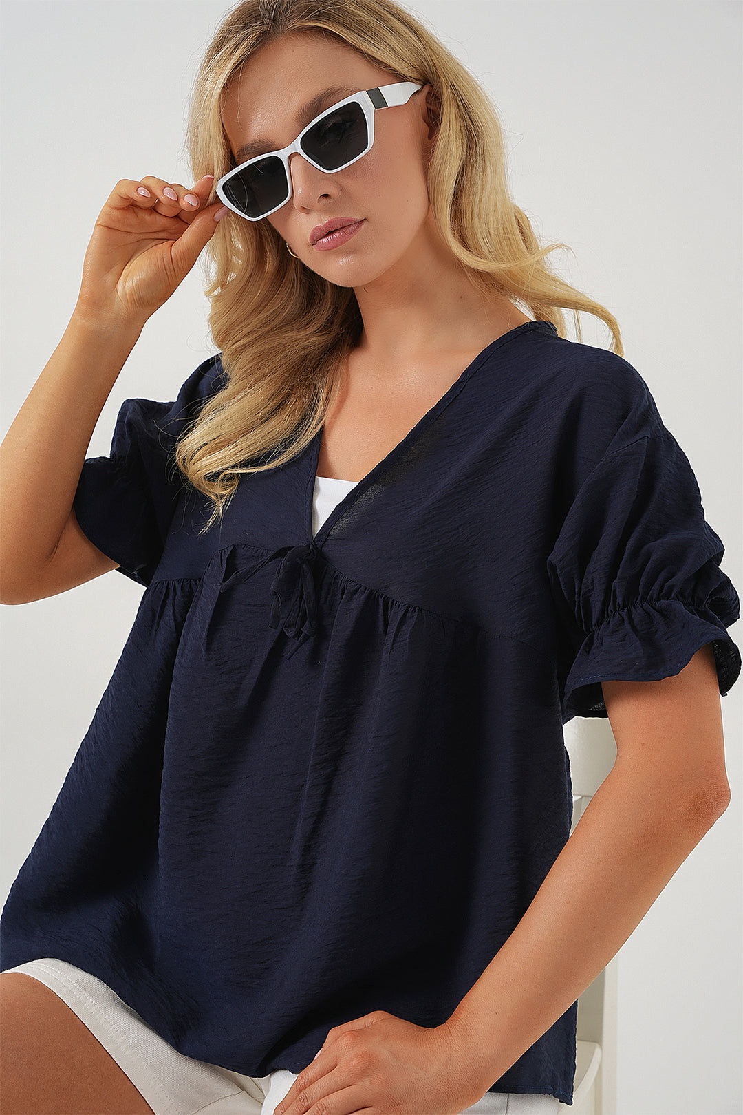 BGD Women Woman Front Laced Short Sleeve Blouse 962 - Navy Blue - Bad Vilbel