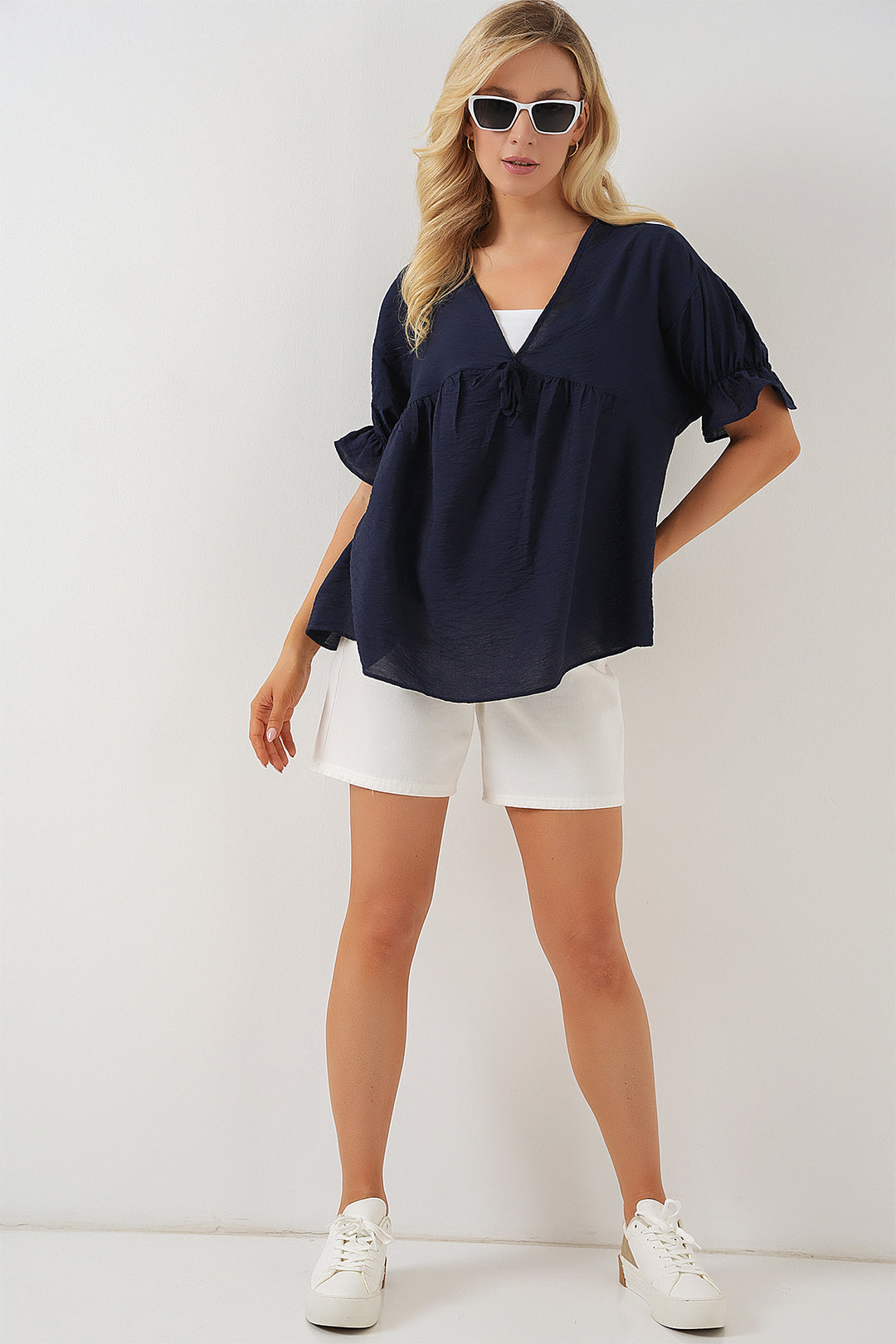 BGD Women Woman Front Laced Short Sleeve Blouse 962 - Navy Blue - Bad Vilbel