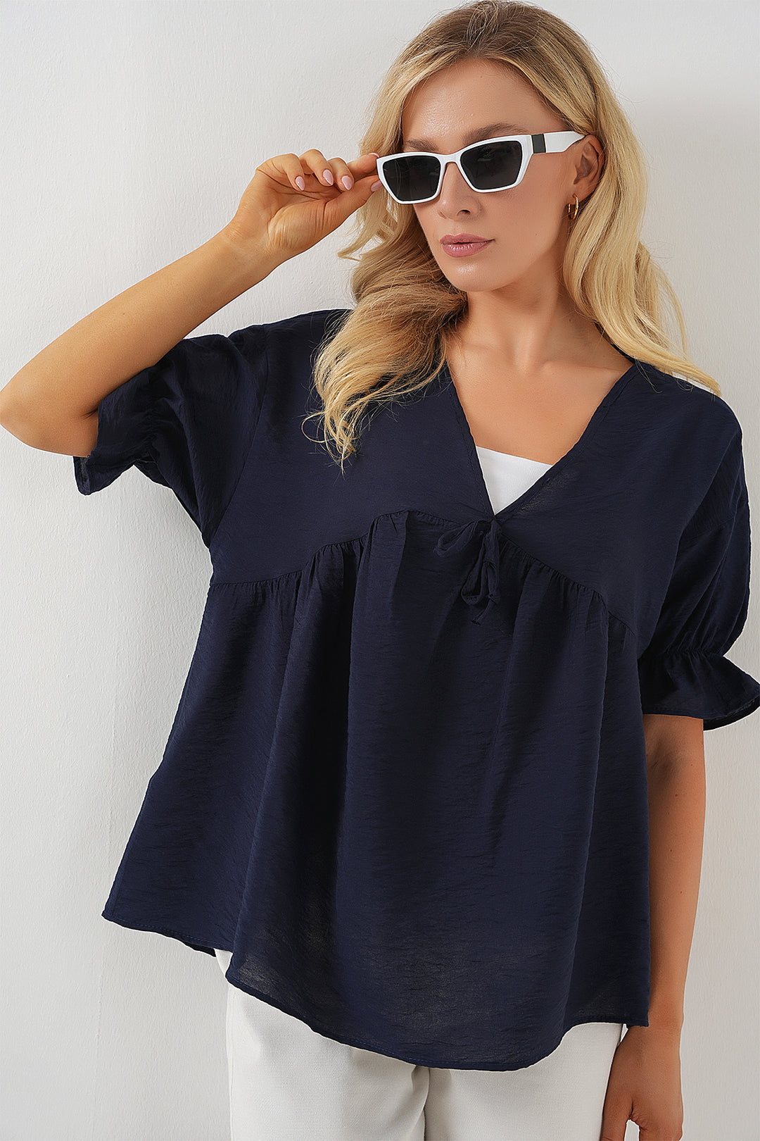 BGD Women Woman Front Laced Short Sleeve Blouse 962 - Navy Blue - Bad Vilbel