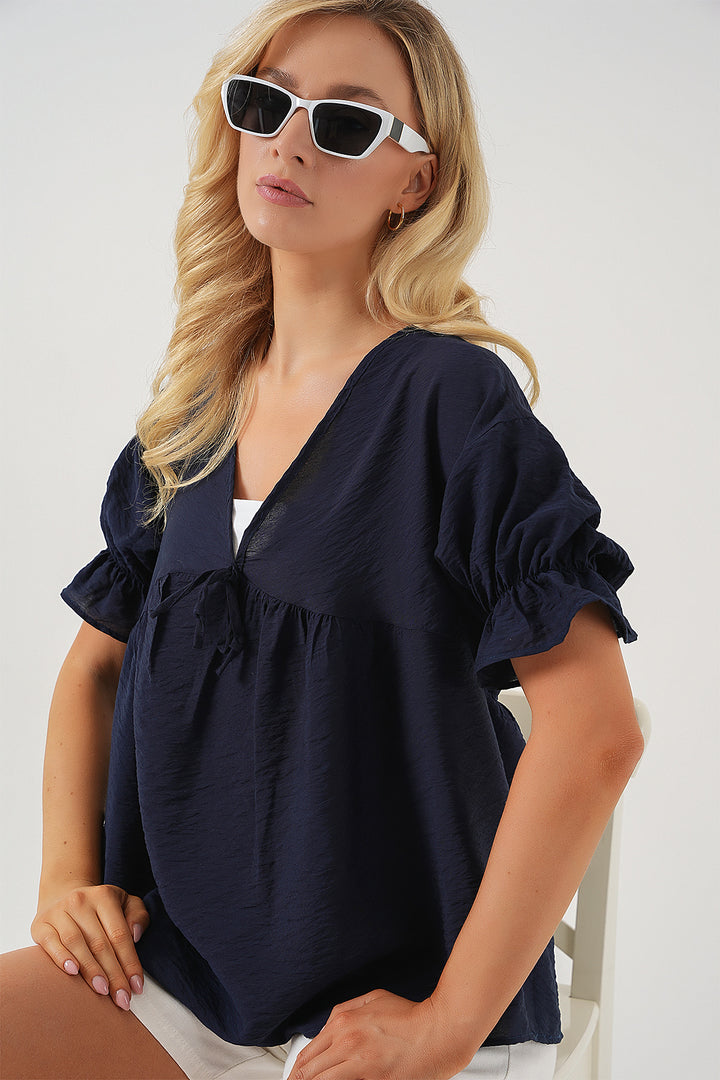 BGD Women Woman Front Laced Short Sleeve Blouse 962 - Navy Blue - Bad Vilbel