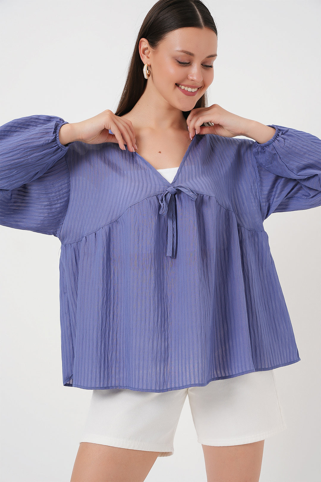 BGD Women Women's Front Lace-Up Long Sleeve Blouse 946 - Indigo - Villareal
