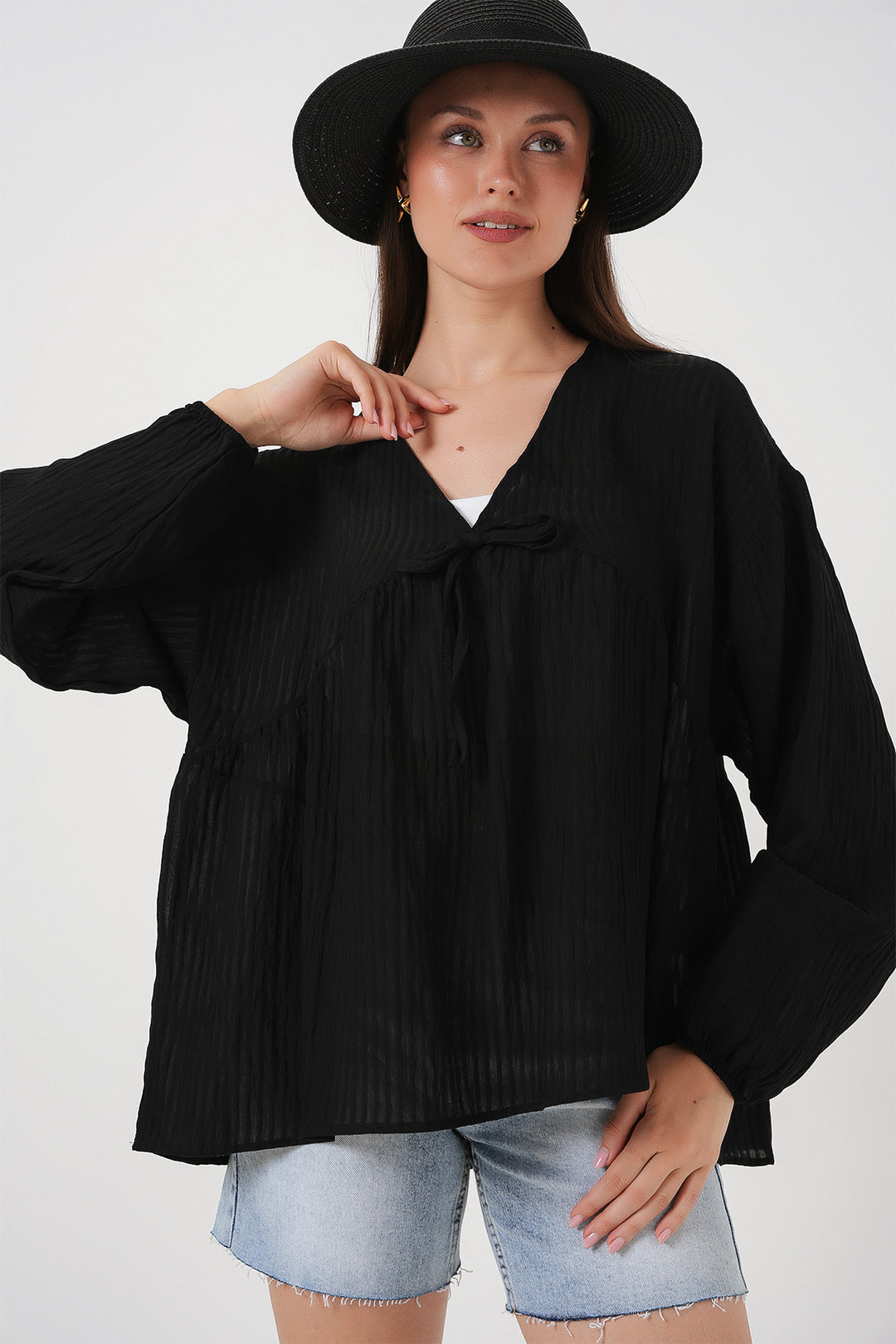 BGD Women Woman Front Laced Long Sleeve Blouse 946 - Black - Poitiers