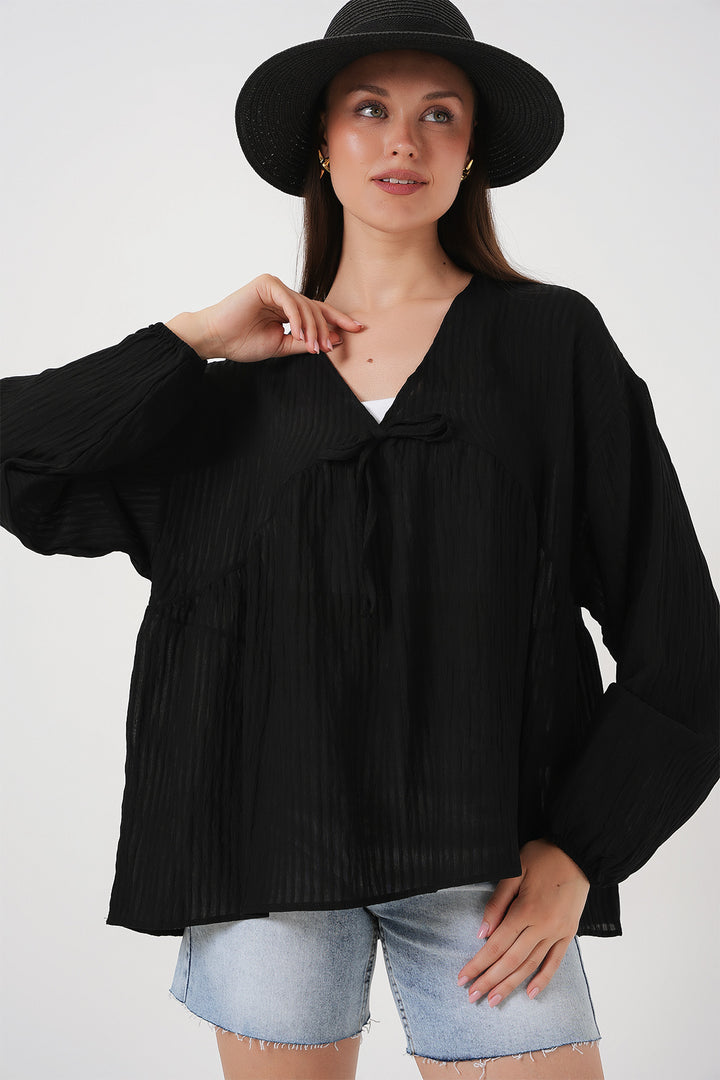 BGD Women Woman Front Laced Long Sleeve Blouse 946 - Black - Poitiers