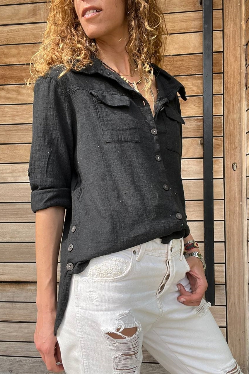 GNS Women's Black Washed Linen Buttoned Loose Fit Shirt Gk-Rsd3013 - Playa del Carmen