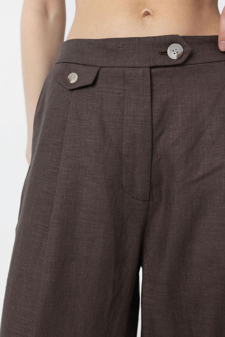 ANT Antioch Coffee 100% Linen High Waist Belted Women's Pants - Franklin