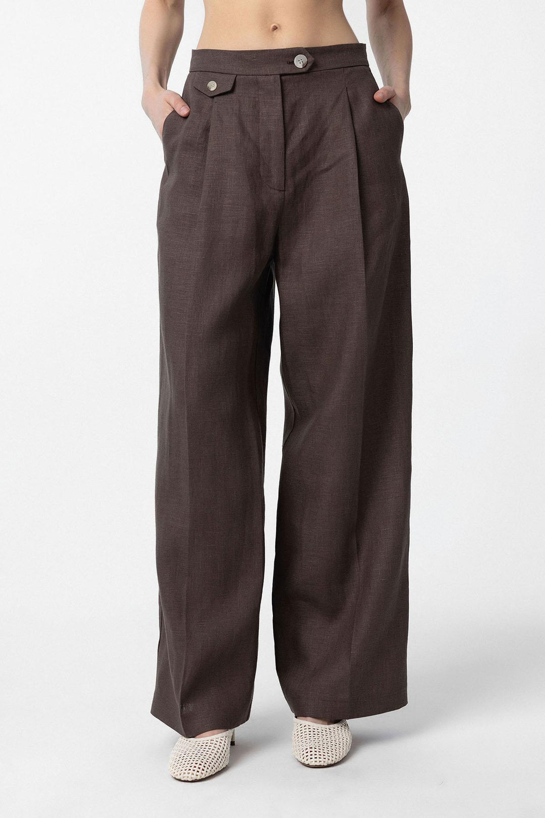 ANT Antioch Coffee 100% Linen High Waist Belted Women's Pants - Franklin