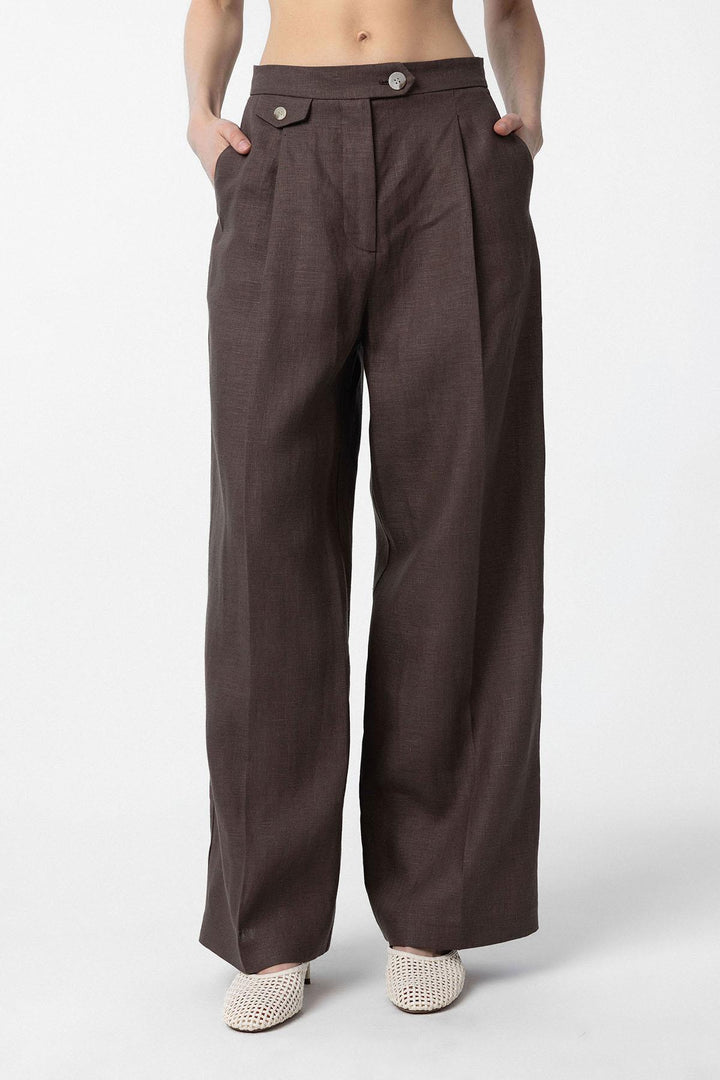 ANT Antioch Coffee 100% Linen High Waist Belted Women's Pants - Franklin