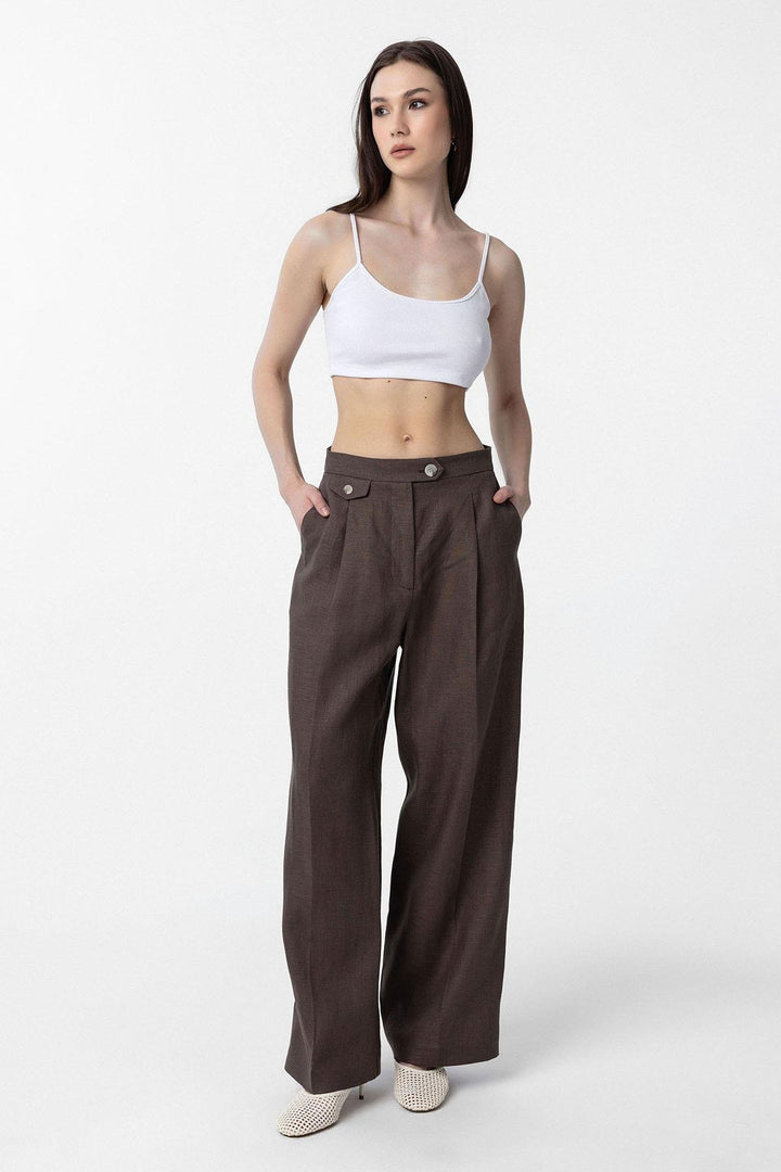 ANT Antioch Coffee 100% Linen High Waist Belted Women's Pants - Franklin