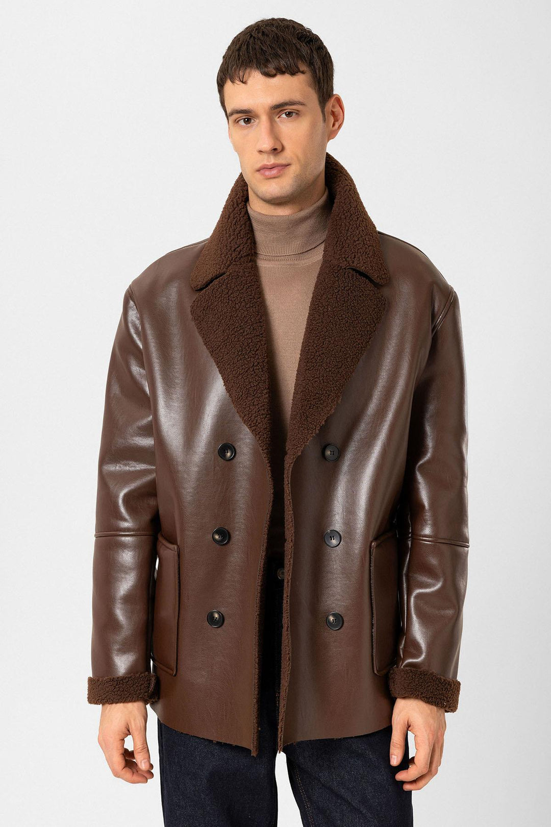 ANT Antioch Coffee Lined Detailed Faux Leather Wrap Men's Coat - Tlalixcoyan