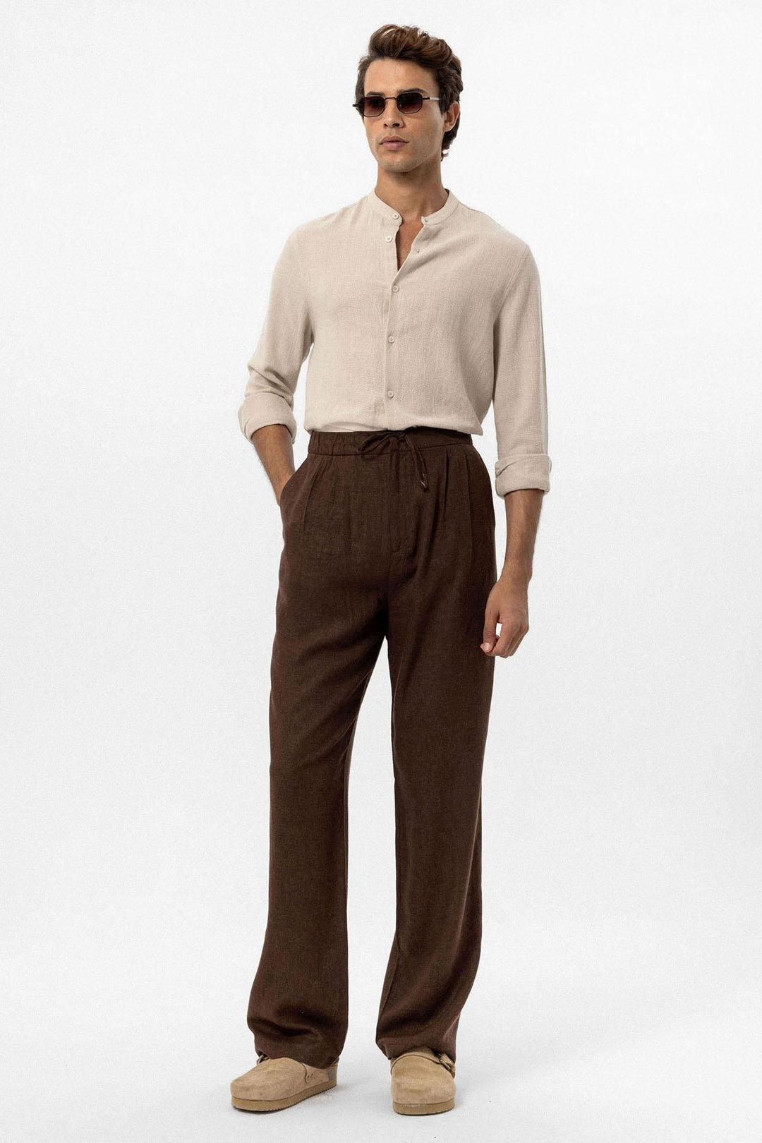 ANT Men's Linen Blend Baggy Pants with Waist Ties - Castle Rock