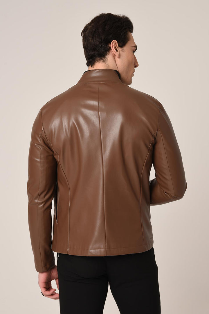 ANT Antioch Coffee Stand-Up Collar Leather Jacket - Iormughanlo