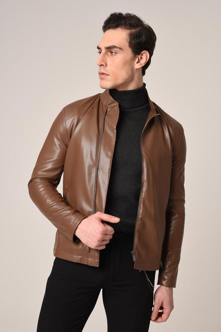 ANT Antioch Coffee Stand-Up Collar Leather Jacket - Iormughanlo