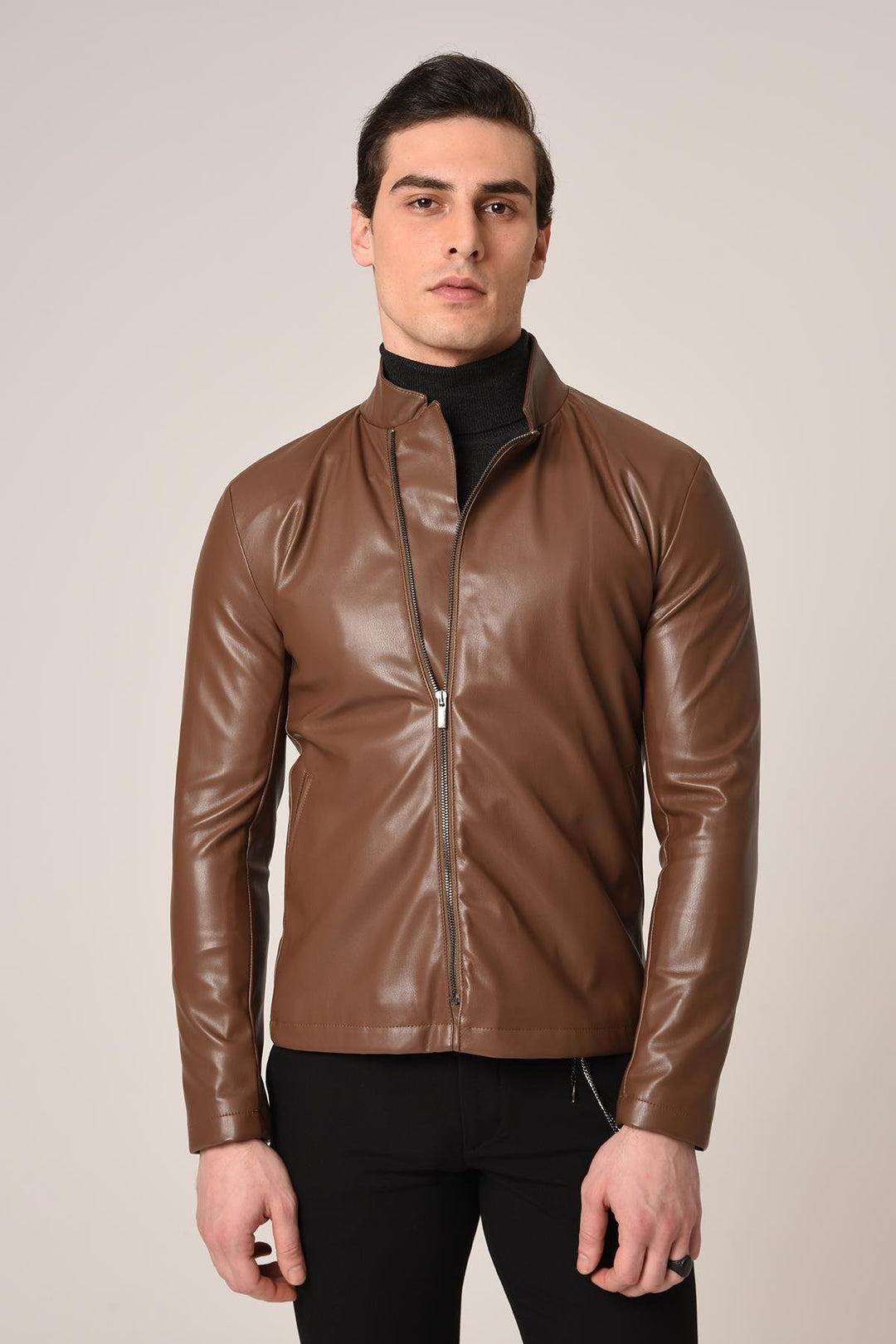 ANT Antioch Coffee Stand-Up Collar Leather Jacket - Iormughanlo