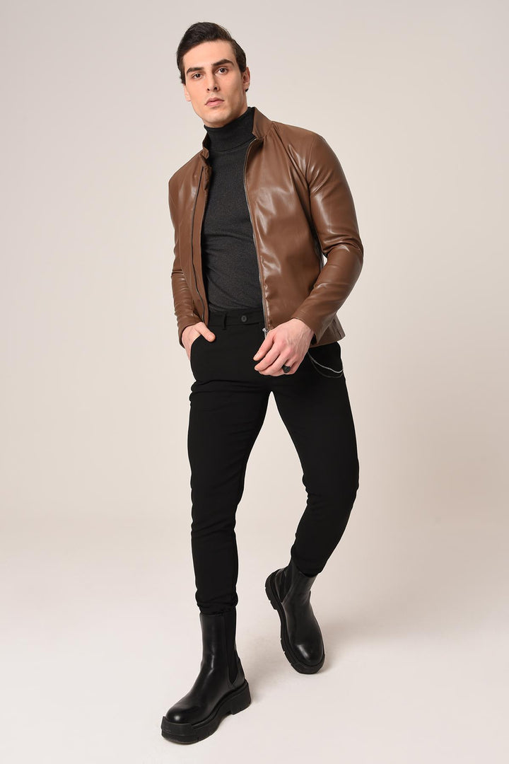 ANT Antioch Coffee Stand-Up Collar Leather Jacket - Iormughanlo