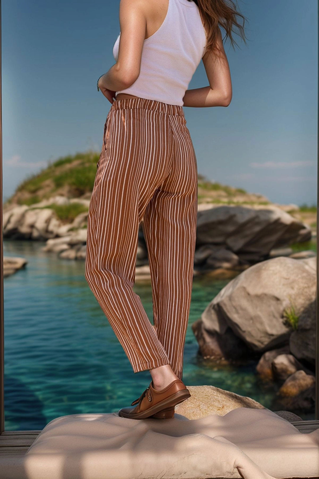 Coffee Double Pleated Striped Textured Trousers BCBSK-25700-3277 - Vitoria-Gasteiz