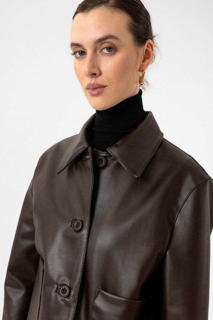 ANT Antioch Coffee Women's Polo Neck Faux Leather Jacket - Cerignola