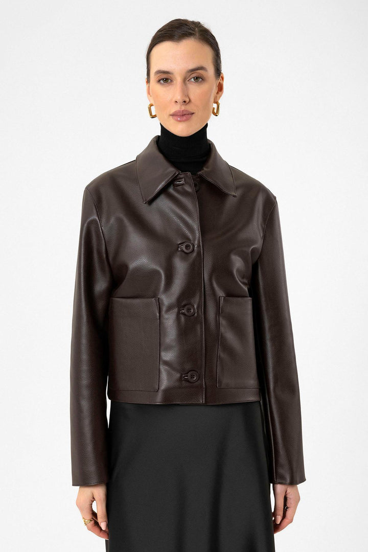 ANT Antioch Coffee Women's Polo Neck Faux Leather Jacket - Cerignola