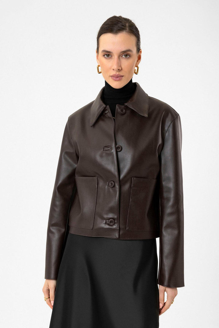 ANT Antioch Coffee Women's Polo Neck Faux Leather Jacket - Cerignola