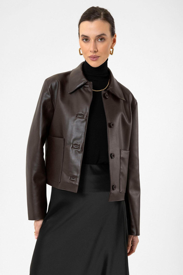 ANT Antioch Coffee Women's Polo Neck Faux Leather Jacket - Cerignola