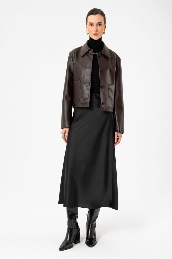 ANT Antioch Coffee Women's Polo Neck Faux Leather Jacket - Cerignola