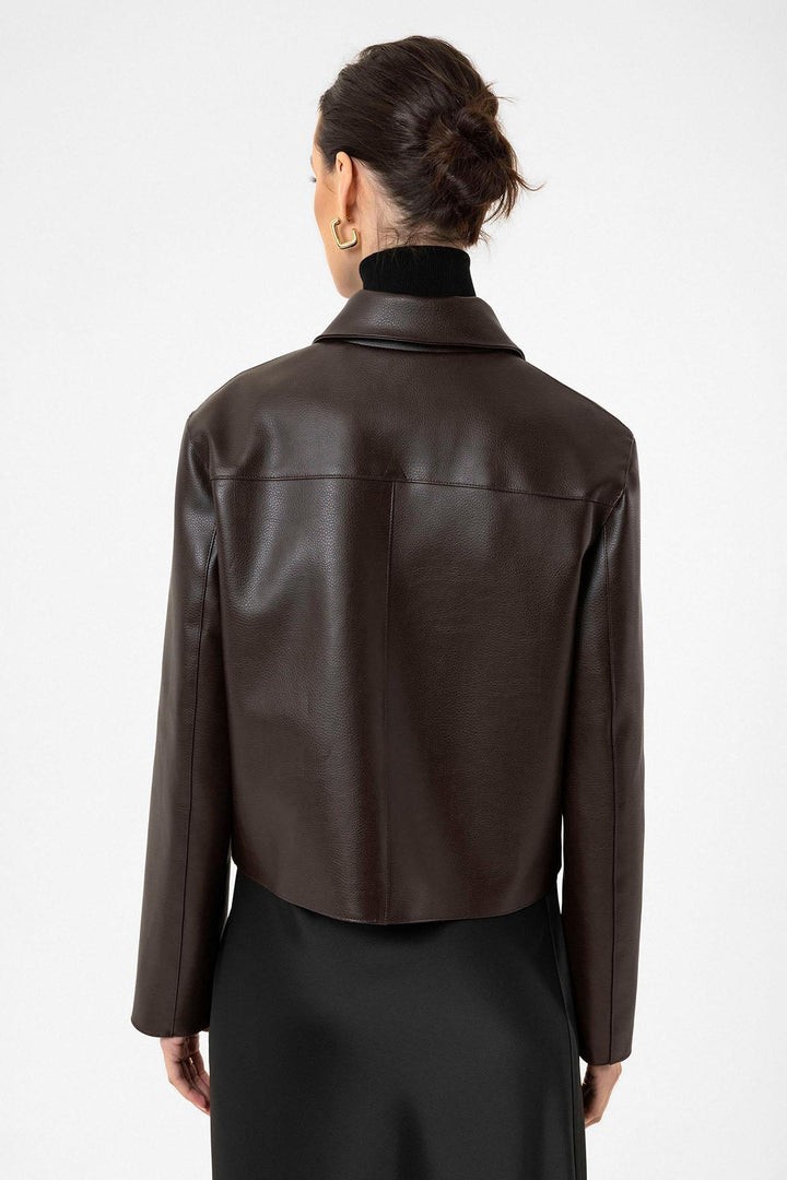 ANT Antioch Coffee Women's Polo Neck Faux Leather Jacket - Cerignola