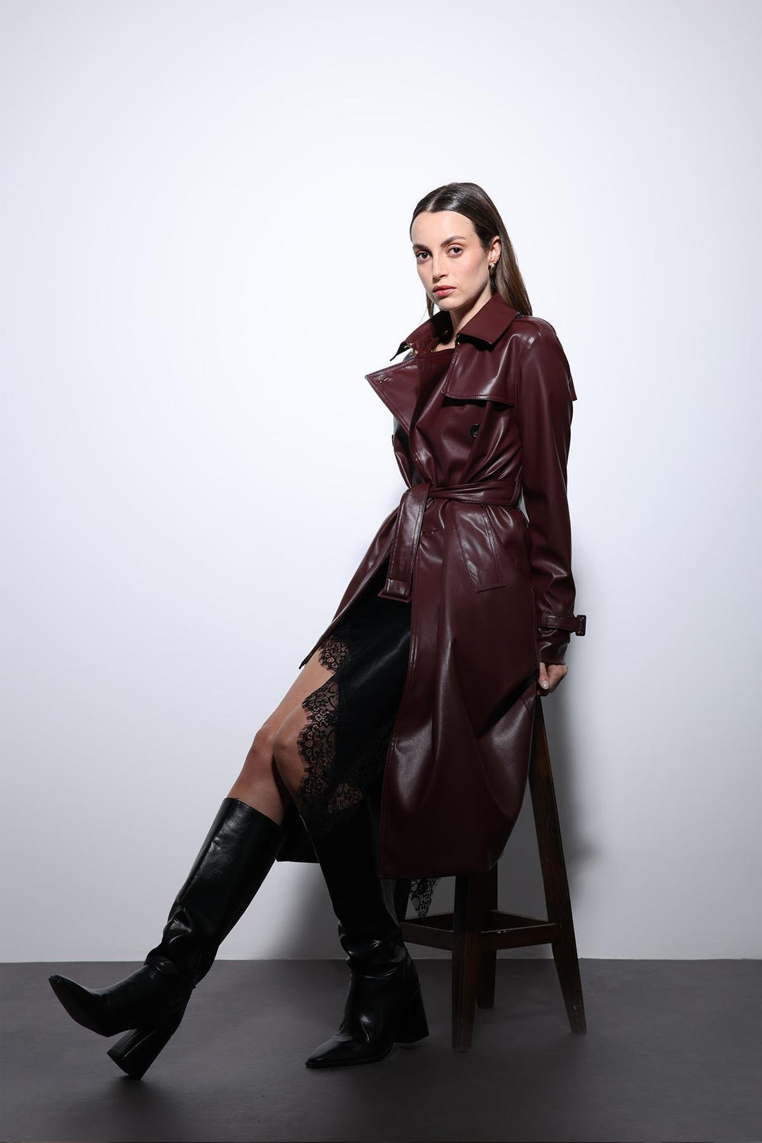 ANT Antioch Coffee Women's Faux Leather Belted Trench Coat - Lozova