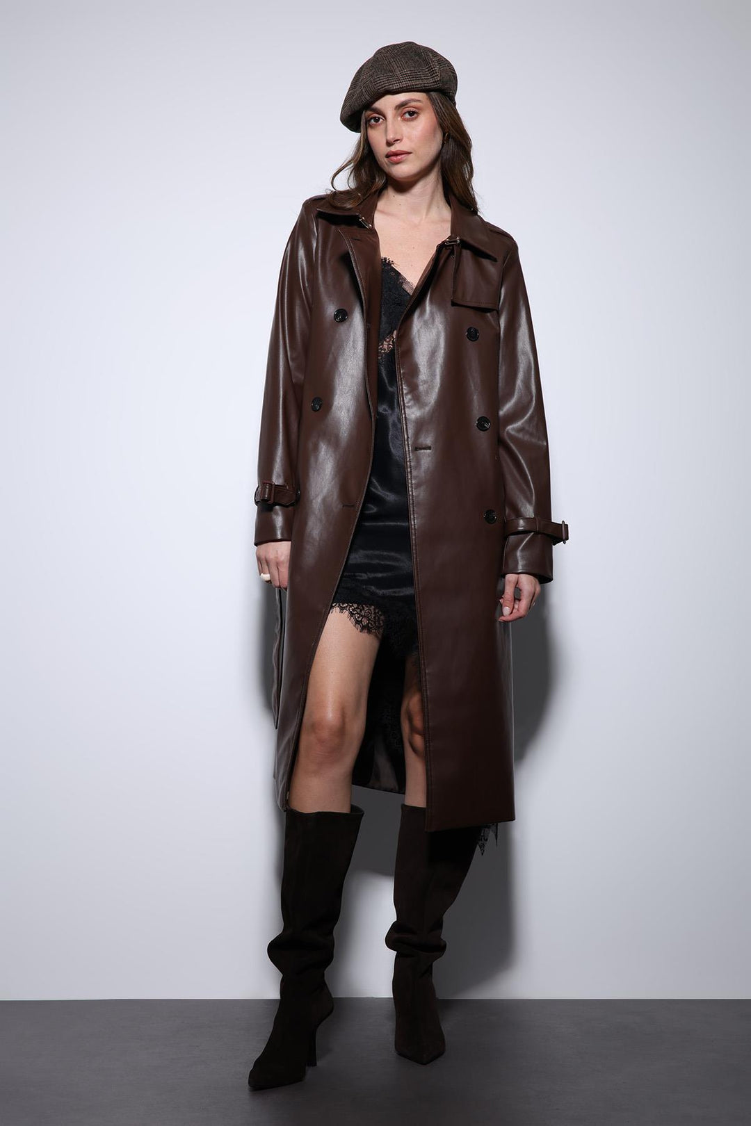 ANT Antioch Coffee Women's Faux Leather Belted Trench Coat - Lozova