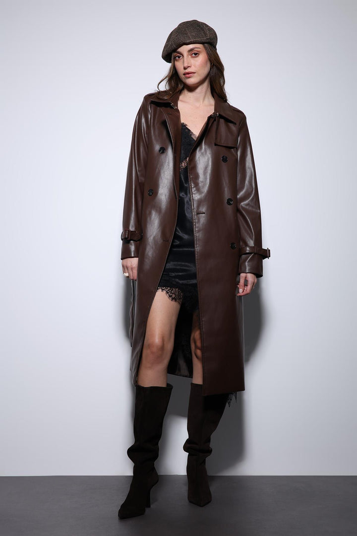 ANT Antioch Coffee Women's Faux Leather Belted Trench Coat - Lozova