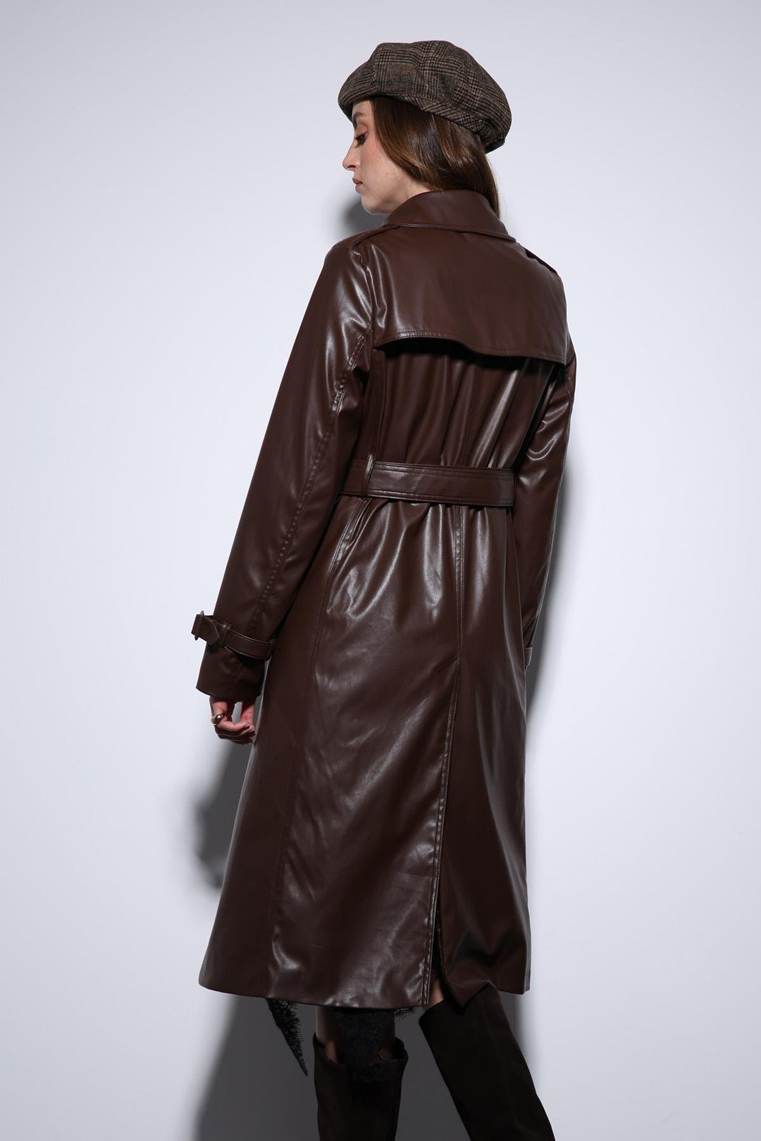 ANT Antioch Coffee Women's Faux Leather Belted Trench Coat - Lozova