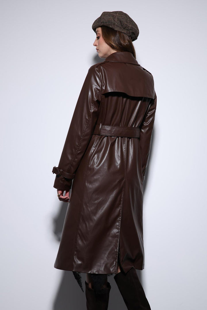 ANT Antioch Coffee Women's Faux Leather Belted Trench Coat - Lozova