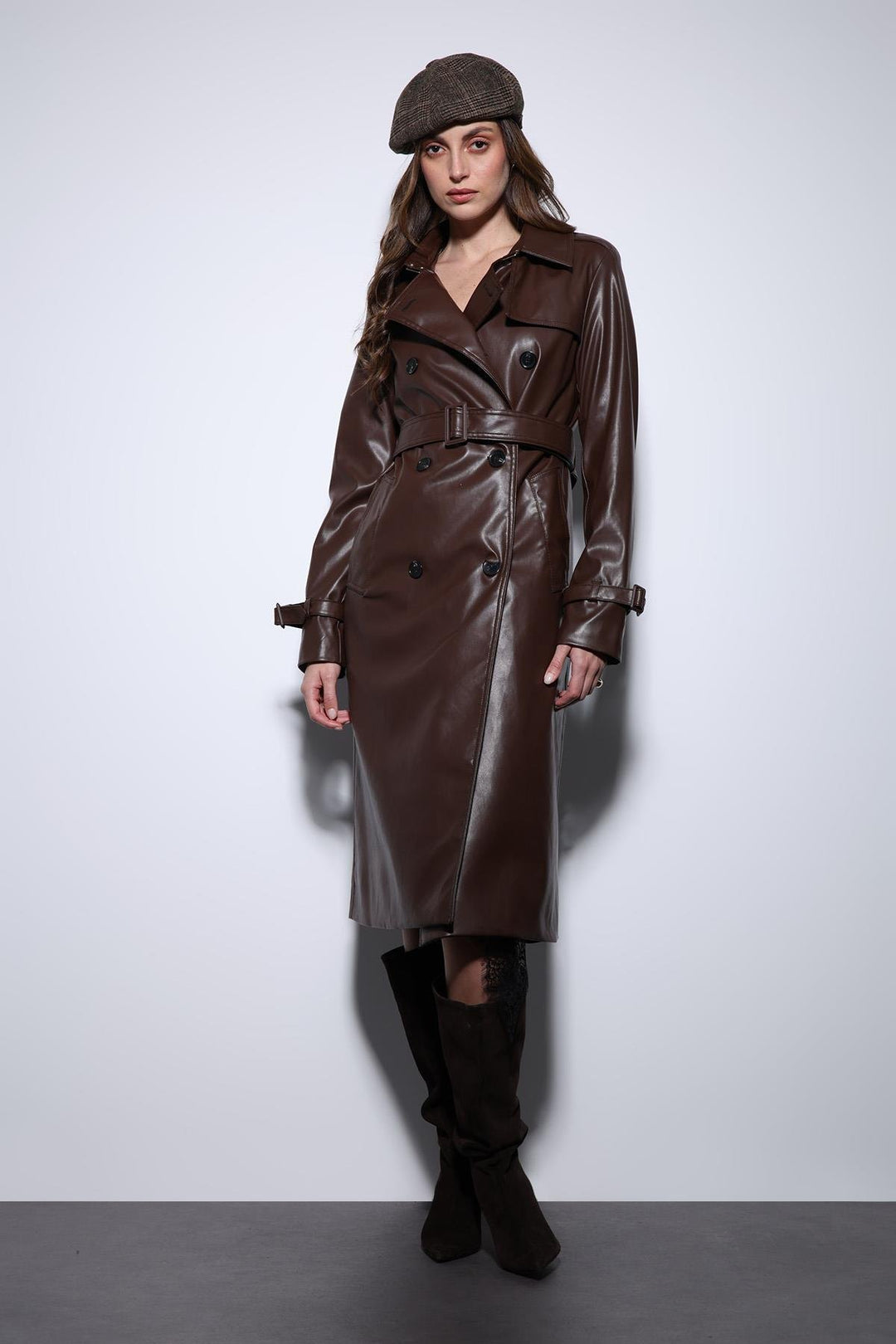 ANT Antioch Coffee Women's Faux Leather Belted Trench Coat - Lozova