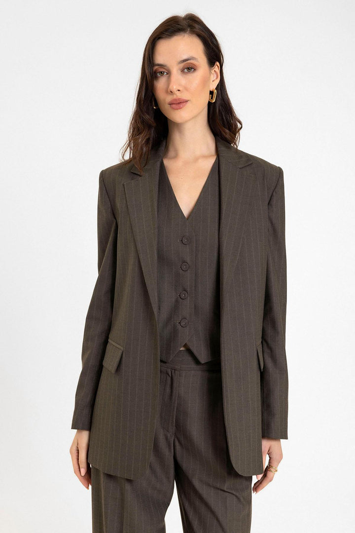 ANT Antioch Coffee Women's Single Button Striped Blazer Jacket - Dijon